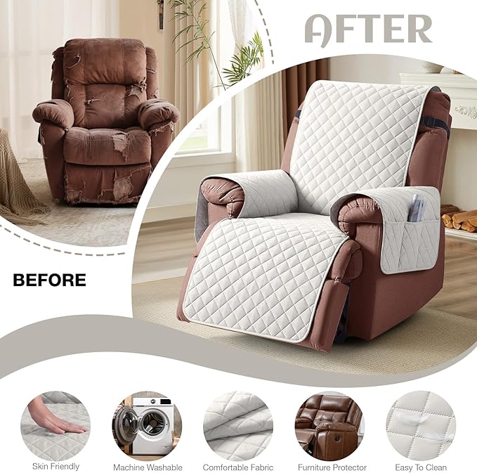 KinCam 100% Waterproof Recliner Chair Cover, Reclining Couch Covers for Pets, Dogs, Recliner Couch Slipcover Furniture Protector with Elastic Straps for Kids(25", Beige White)