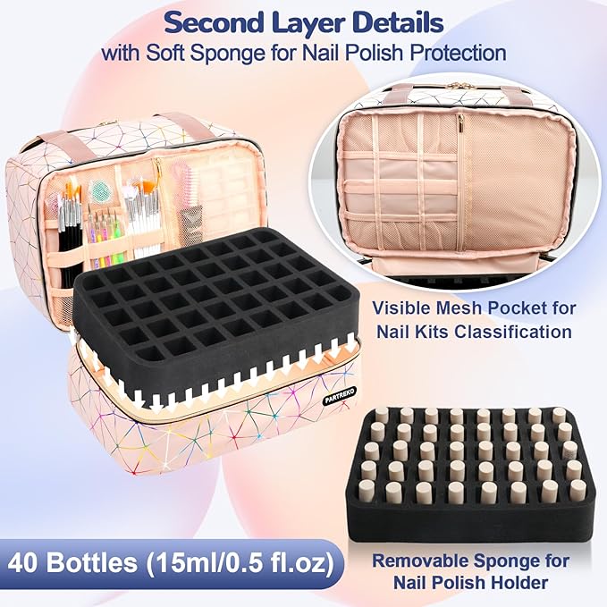 Nail Polish Organizer Holds 80 Bottles (15ml/0.5 fl.oz)& Nail Lamp, PU Leather Nail Organizers and Storage Bag with Shoulder Strap, Portable Nail Supplies Kit Organizer Carrying Case (Pink)