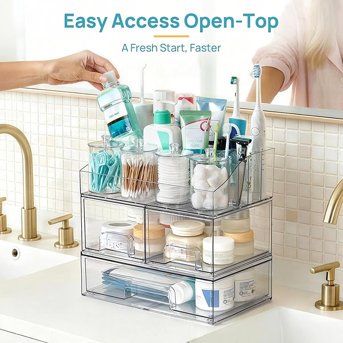 Vtopmart 8 PCS Bathroom Countertop Organizer, 1 Divided Tray with 4 Qtip Holder Jars and 3 Drawers, Restroom Clear Organizers for Toothbrush, Cotton Pads, Vanity Accessories Storage Set