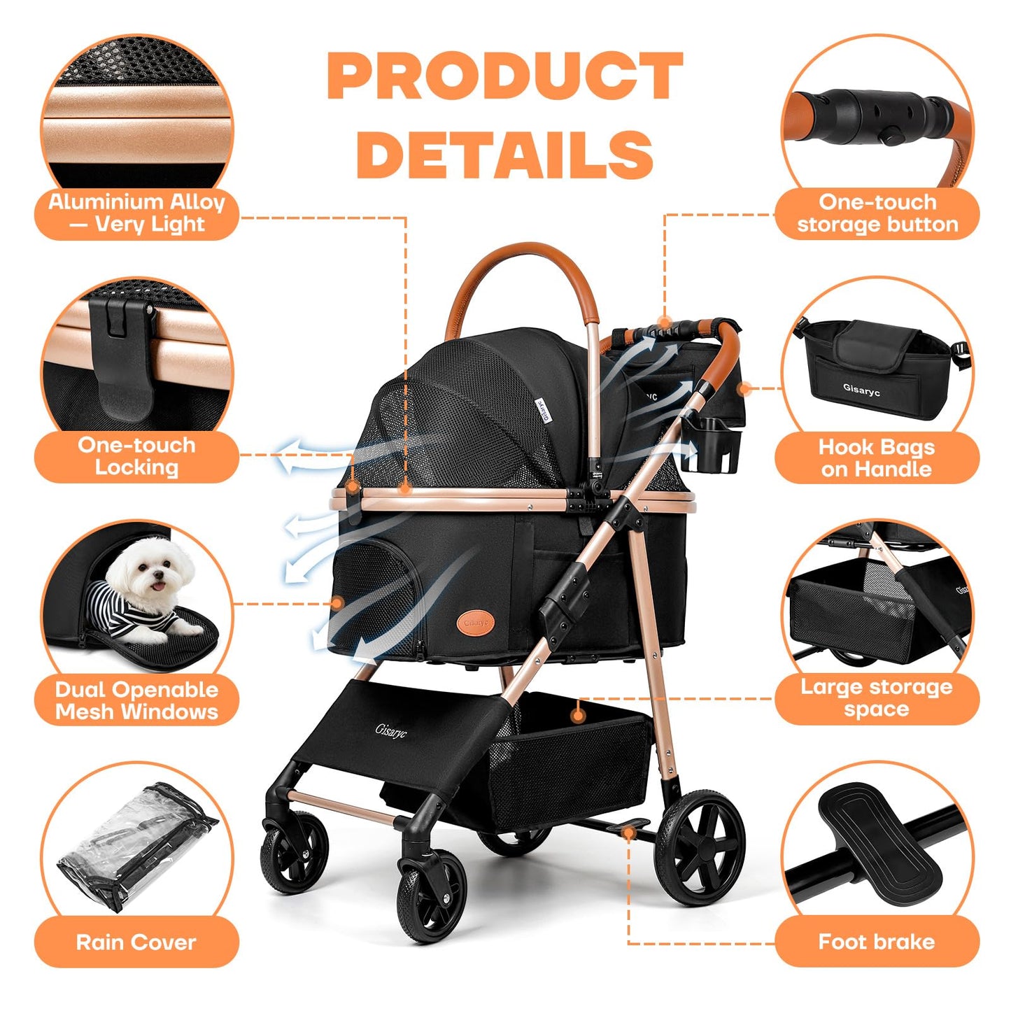 Dog Cat Stroller for Small/Medium Pets up to 50 lbs, 3-in-1 Foldable Pet Stroller with Detachable Carrier, Car Seat, Storage Basket, Cup Holder, Hanging Bag, Rain Cover, All-Terrain 4 Wheels (Black)