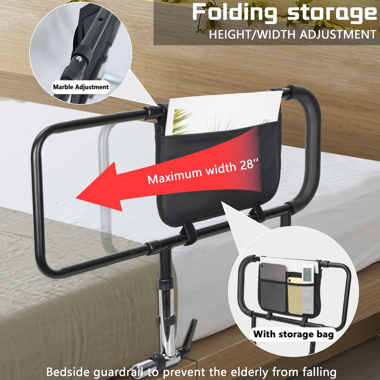 BQKOZFN Bed Rails for Elderly Seniors, Height Adjustable Home Bed Rail Assist Bar with Storage Pocket, Support Up to 330lbs