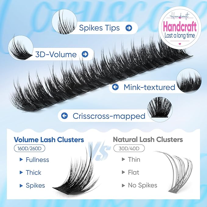 CORUSCATE Lash Clusters Kit with Bottom Lash Extension Kit Thick 160D+260D Cluster Eyelash Extensions Volume Individual Lashes 12-22mm Cluster Lashes Mega Dramatic Style with Lash Bond and Seal Glue