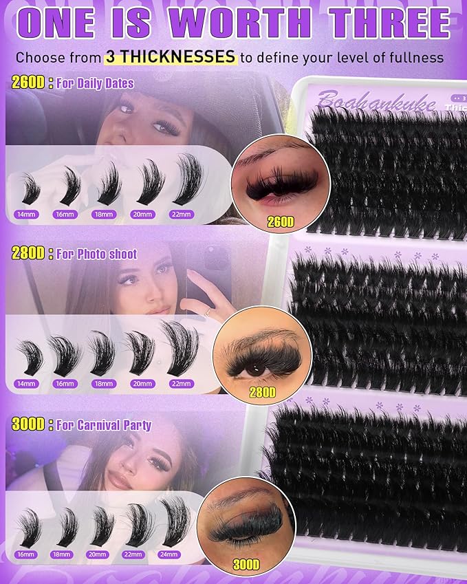 Fluffy Lash Clusters 260D+280D+300D Volume Eyelash Clusters Extensions D Curly Lashes Clusters 14-24MM Mink Cluster Lashes Spike Individual Lashes Full Lash Extension Mink Cluster Eyelash