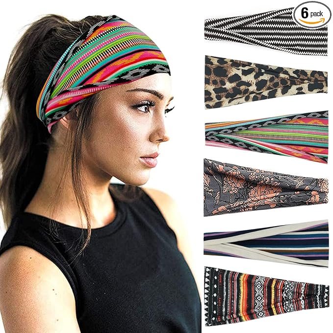 YONUF Boho Headbands For Women Fashion Wide Headband Yoga Workout Head Bands Hair Accessories Band 6 Pack