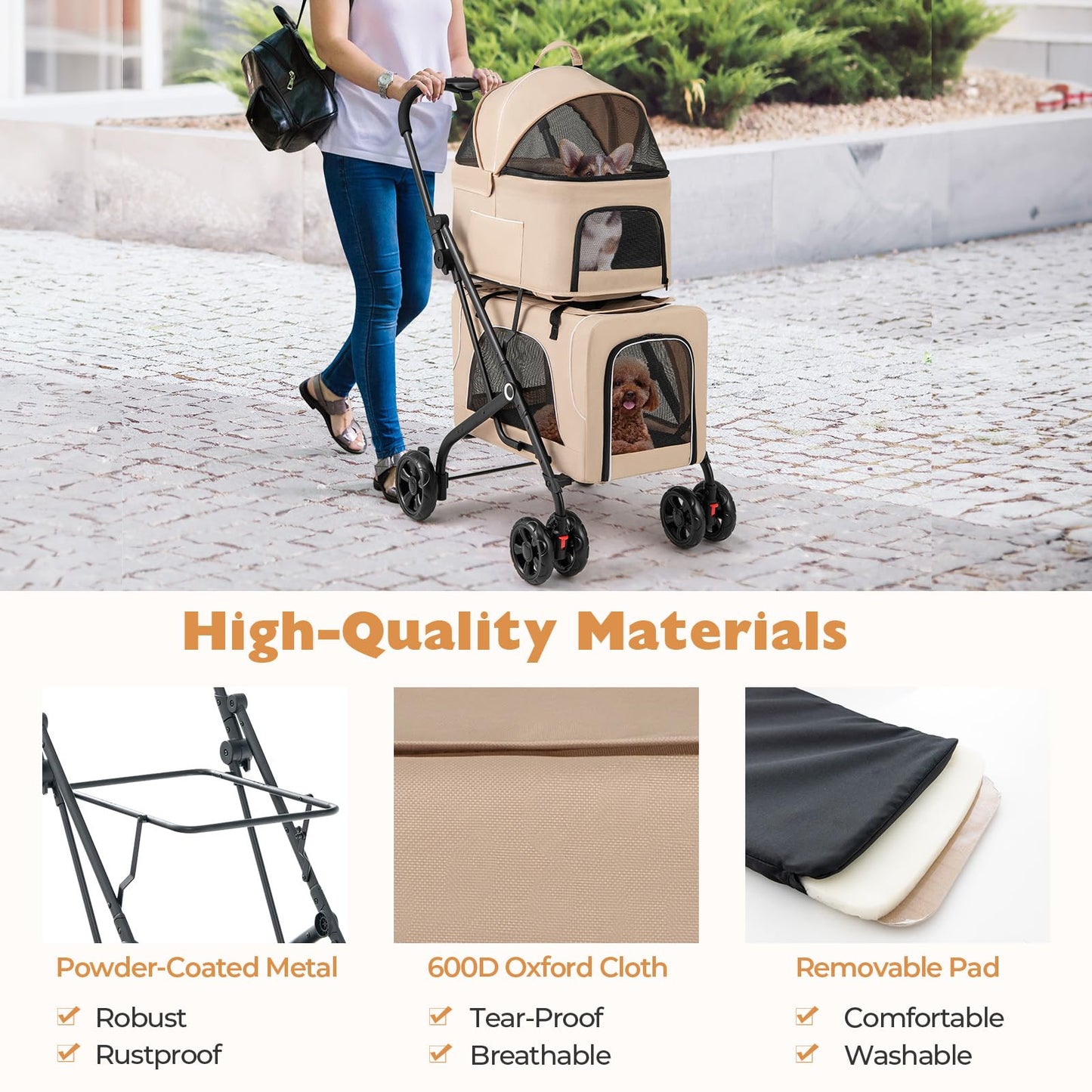HAPPAWS 4-in-1 Double Pet Stroller with 2 Detachable Carriers, Foldable Dog Cat Travel Stroller for Small Medium Pets, Travel Cat Bag with Safety Belt & Lockable Wheels, Beige