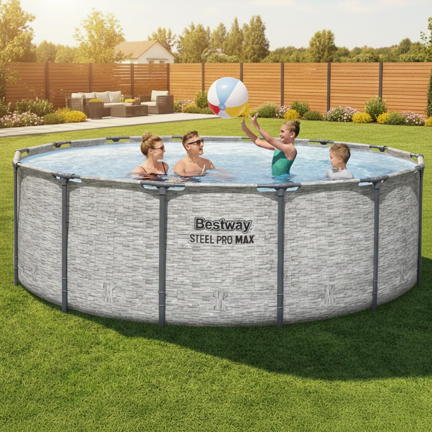 Bestway Steel Pro MAX 14' x 48" Above Ground Pool, Round Metal Frame Outdoor Swimming Pool Set with Filter Pump, Ladder, and Cover, Gray Stone Print