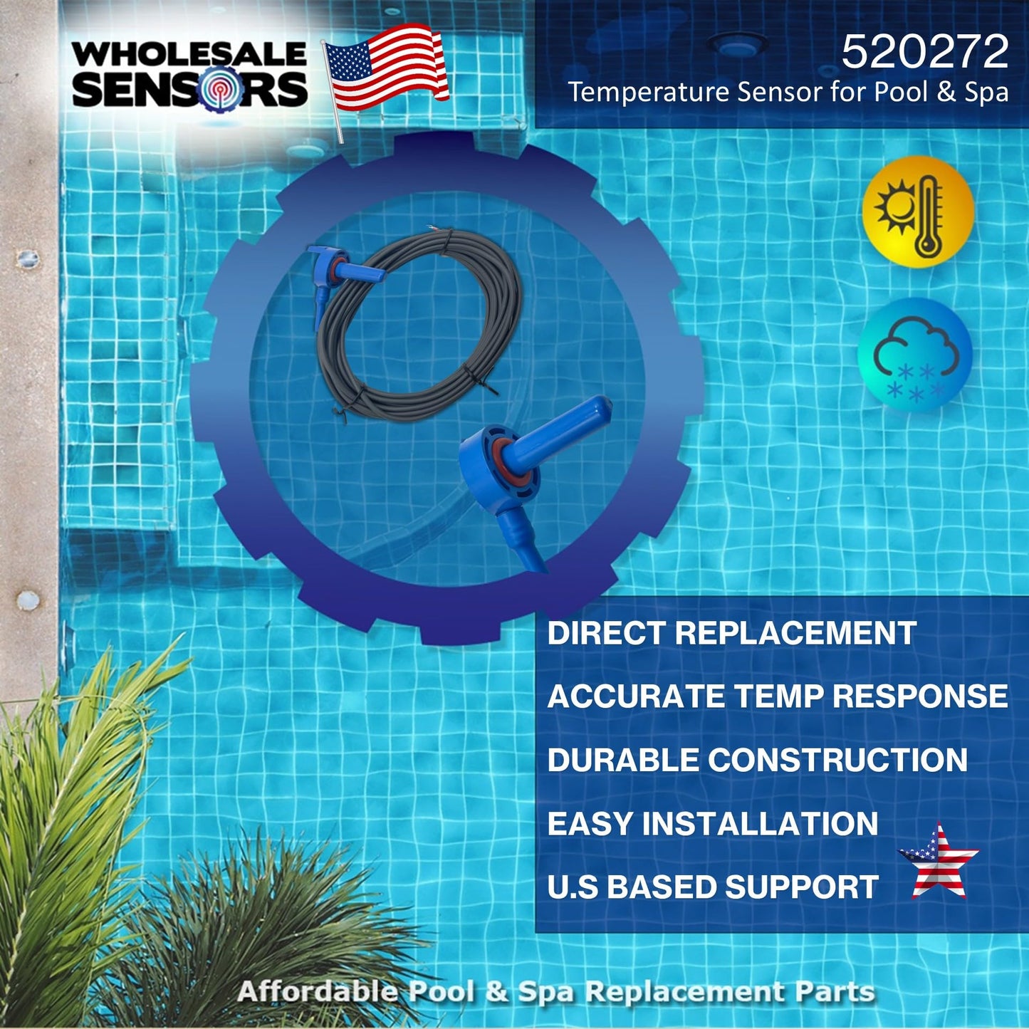 Replacement Pentair 520272 Air/Water/Solar Temperature Sensor, 20-Feet Cable for Pool/Spa 12 Month Warranty