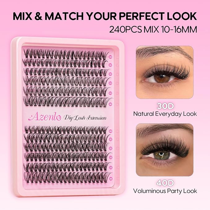 Azenlo DIY Lash Extensions Kit - 240pcs 30D+40D Thin Band Lash Clusters, 10-16mm Soft Natural & Voluminous Lashes for Beginners(30D+40D KIT)