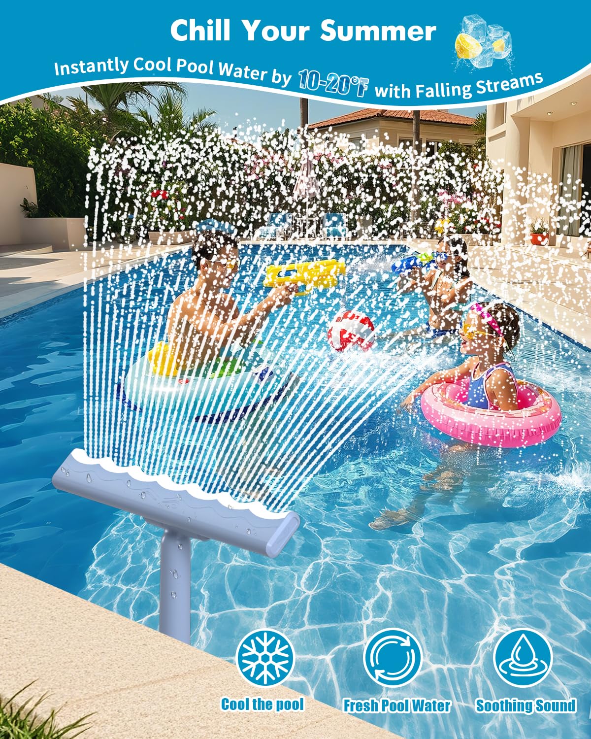 【2026 Upgrade】 Pool Fountain for Above and In-Ground Pools, 360° Adjustable Wide Waterfall Sprinkler with Extension Tube, Swimming Relaxation & Cooling 10-20 Degrees ﻿ ﻿ ﻿ ﻿