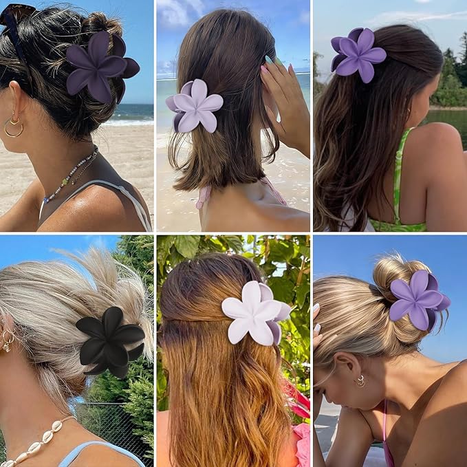 Flower Hair Clips for Women 6 Pcs Hawaiian Large Claw Clips Plumeria Medium Hair Claw Clips for Thick Thin Hair Hibiscus Tropical Beach Hair Accessories for Women Girls and Girls (Purple)