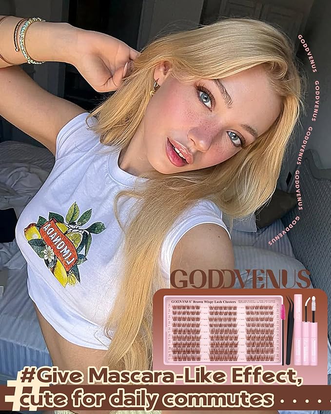 Goddvenus Brown Wispy Lash Clusters Kit Natural Cluster Eyelash Extensions Kit False Eyelashes Clusters Fluffy DIY Individual Lash Extensions Kit C Curl