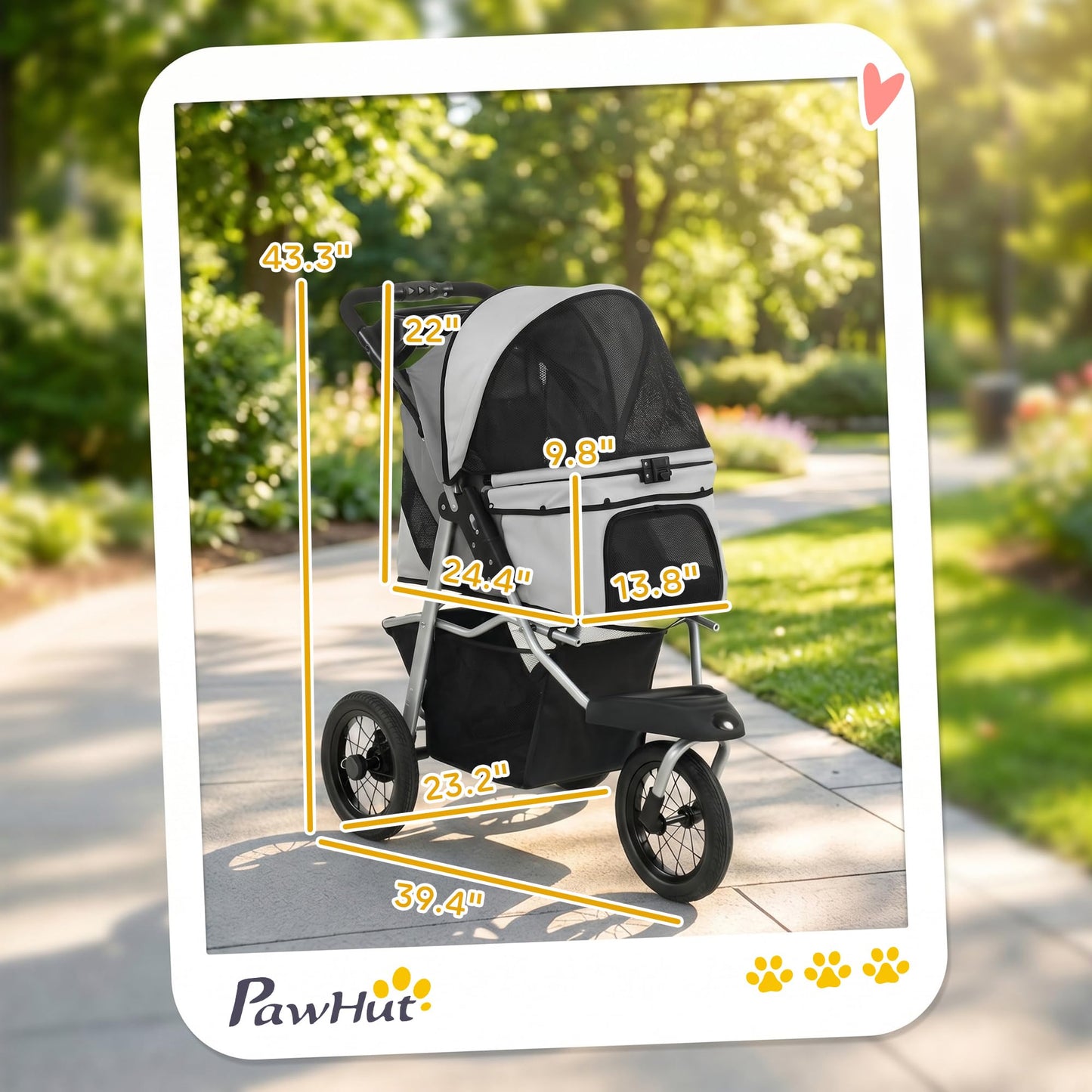 PawHut Dog Stroller for Small Dogs, 3 Wheel Foldable Pet Stroller with 12" Rubber Wheels, Mesh Window, One-Foot Brake, Storage Basket and Cup Holder, Up to 22 LBS, Light Gray