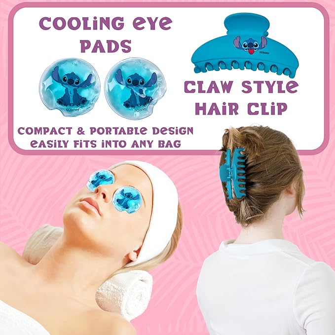 Disney Stitch Beauty Accessories Set with Cooling Eye Mask Gel Eye Pads Fluffy Skincare Headband Hair Claw Clip Relaxing Pampering Gifts for Women, Wife, Girlfriend (Blue)