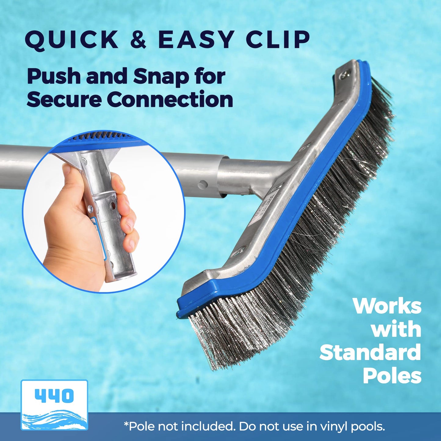 440 Heavy Duty Pool Brush - 18-inch Extra-Wide Metal Brush Head with Stainless Steel Wire Bristles & Curved Edges for Cleaning Pool Tiles, Walls, Floor, Steps (Stainless Steel)