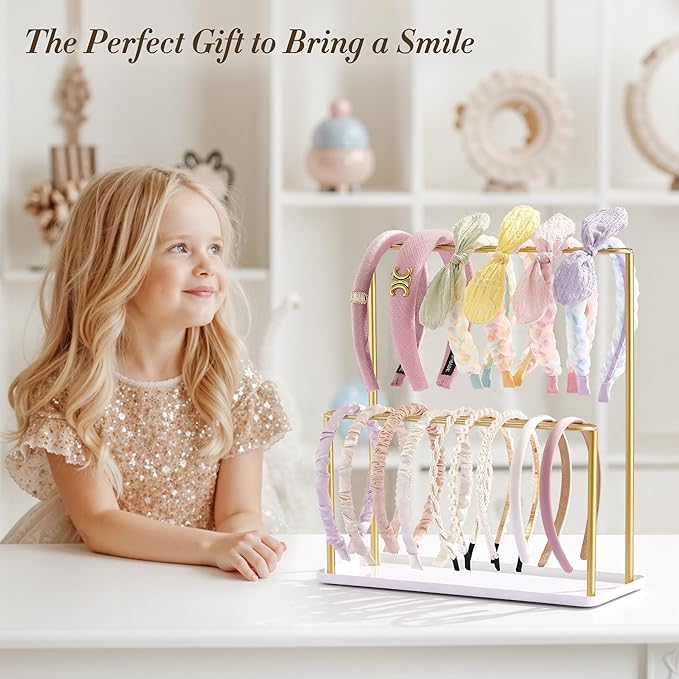 Headband Holder Organizer Metal 2-Tier with Tray: Hair Accessories Display Stand Storage Hairband Rack Necklace Stand Home Bedroom for Girls Women, Gold