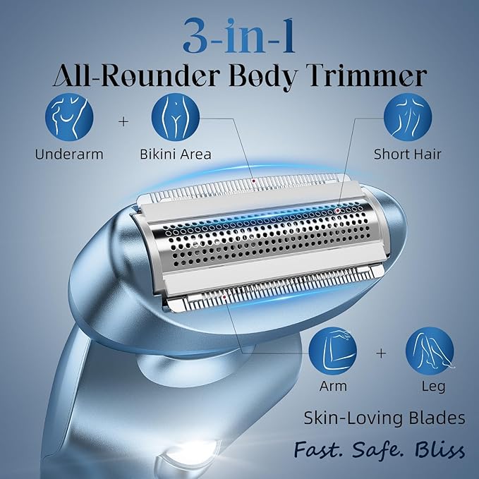 rategist Cordless Electric Razors for Women: Rechargeable Painless Bikini Trimmer for Body Hair - IPX7 Waterproof Shaver with LED Display for Face/Underarm/Leg Deep Blue