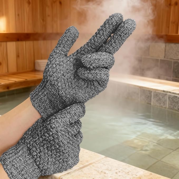 Evridwear Exfoliating Dual Texture Bath Gloves for Shower, Spa, Massage and Body Scrubs, Dead Skin Cell Remover, Gloves with Hanging Loop (1 Pair Gray Heavy Glove)