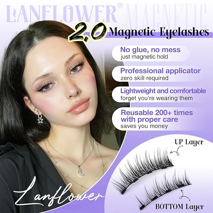 Magnetic Eyelashes with Applicator Natural Look Magnetic Lashes Wispy False Eyelashes Cat Eye Lashes with Magnets No Glue Needed Lashes Easy to Apply by Lanflower