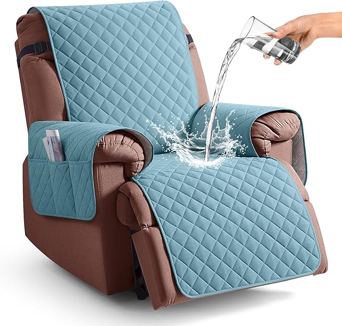 KinCam 100% Waterproof Recliner Chair Cover, Reclining Couch Covers for Pets, Dogs, Recliner Couch Slipcover Furniture Protector with Elastic Straps for Kids(28", Light Blue)