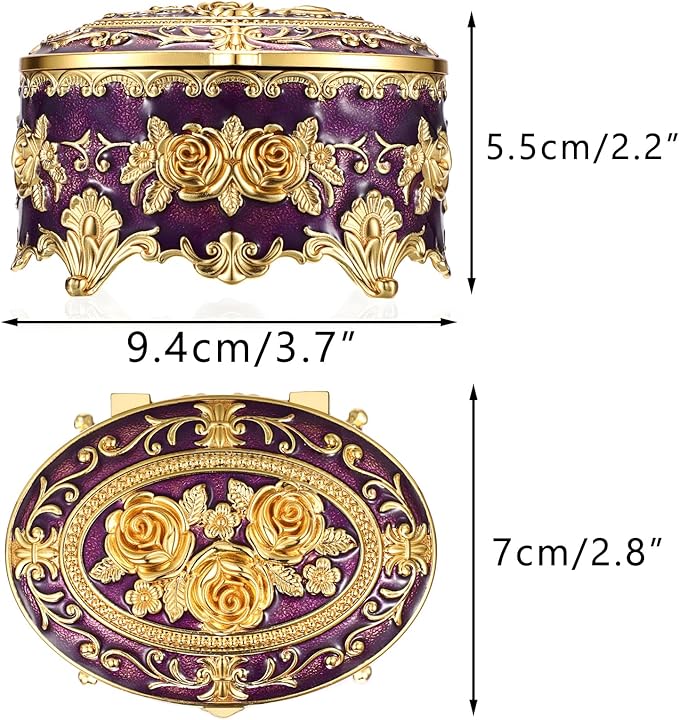 Hipiwe Vintage Oval Jewelry Storage Box Metal Trinket Organizer Purple Treasure Chest Box for Earring Necklace Ring Holder Gift for Women