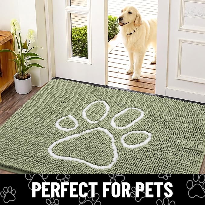 Smiry Dog Door Mat for Muddy Paws, Absorbent Dirt Trapper Non Slip Quick Dry Washable Chenille Mat for Mud Dogs, Entry Rug for Indoor and Outdoor (30x20 Inches, Sage Green and White)