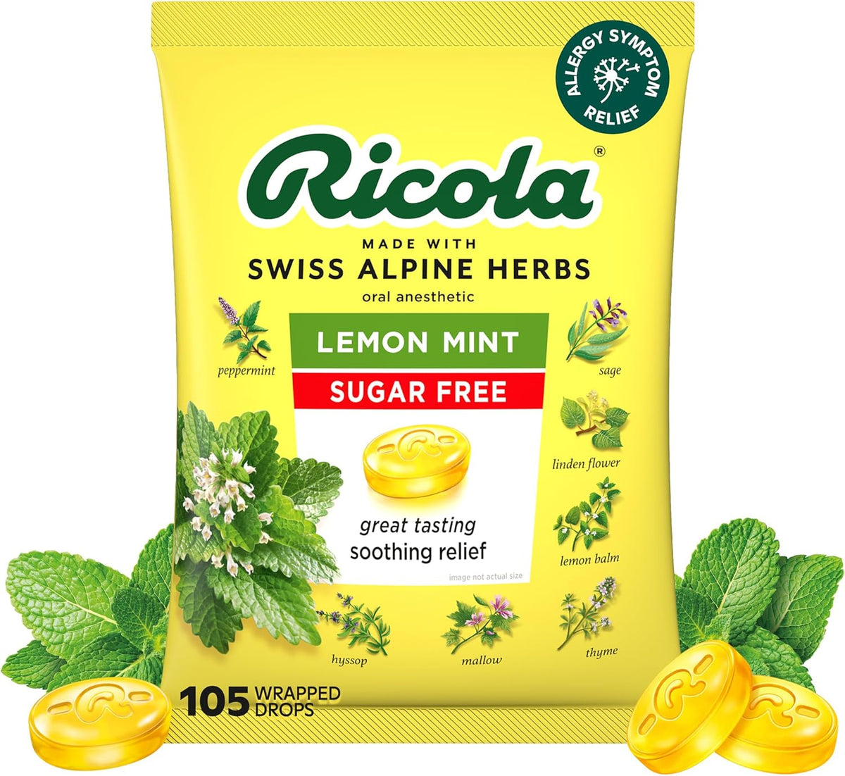 Ricola Sugar Free Lemon Mint Herbal Throat Drops with Lemon Balm and Low Menthol for Everyday Voice Care - 105 Count - Herbal Throat Lozenges