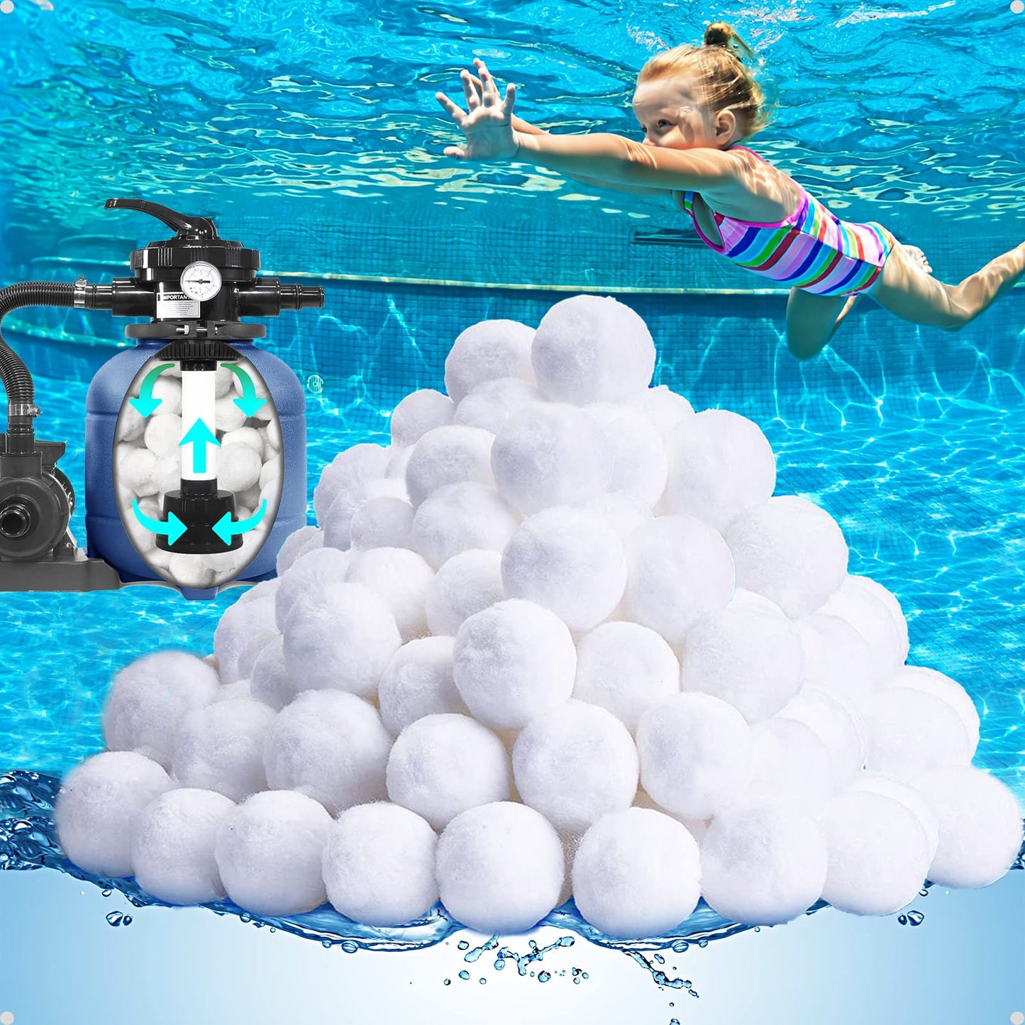 QwayHome 3.1 lbs Pool Filter Balls, Reusable Filter Fiber Balls for Above Ground Pool Sand Pump, Eco-Friendly, Efficient, Clean Water, Equals 110 lbs Filter Sand, White