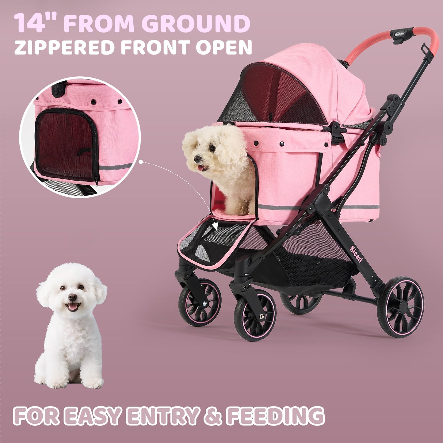 Kicari All-Terrain Dog Stroller for Small to Medium Dogs, Pet Stroller for Dogs & Cats Outdoor Walks, One-Hand Easy Fold, Double-Layer Anti-UV & Waterproof Canopy & Breathable Mesh, Sakura Pink