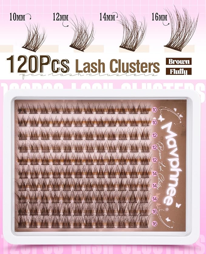 Cluster Lashes Brown Eyelash Clusters Natural Individual Lashes Extensions Fluffy Lash Clusters Wispy Cluster Eyelash Extensions DIY Lash at Home Easy to Apply Dark Brown Lashes (10-16MM, CC-Curly)