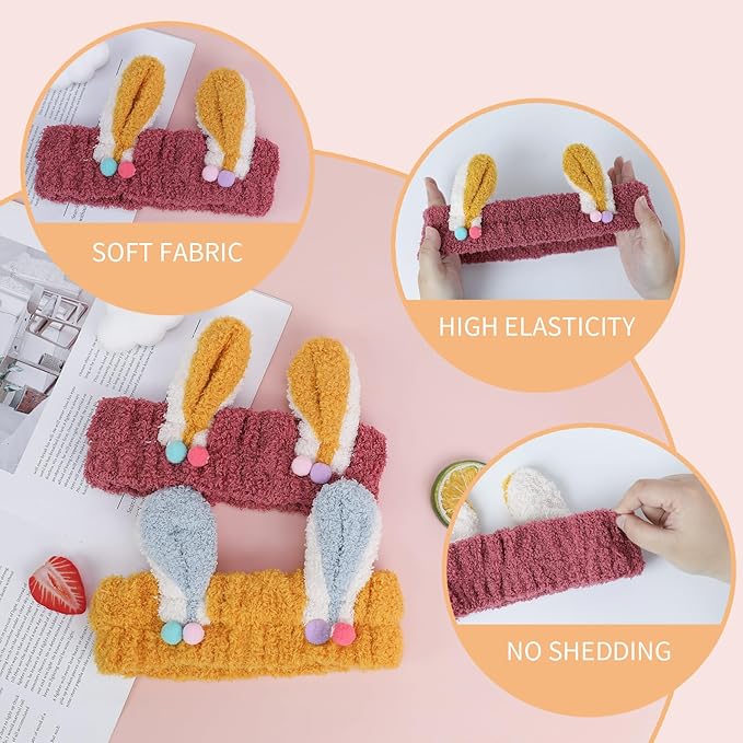 PERFECTSIGHT Kawaii Headband for Spa, Makeup, Washing Face, Party - 2 Pack Cute Hair Band for Shower Beauty Skincare, Soft Facial Headbands for Girls and Women (Red+Yellow Rabbit Ear)