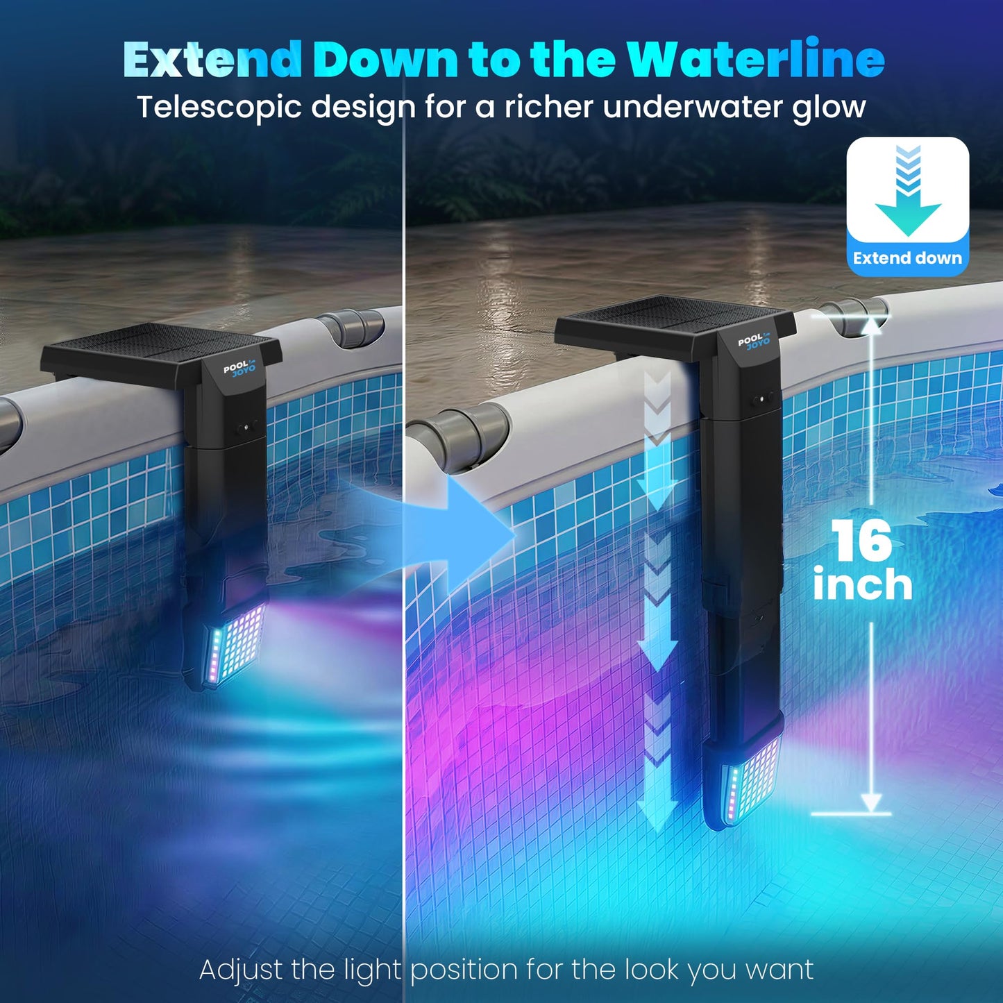 POOLJOYO Solar Pool Lights Only for Metal Frame Above Ground Pools, 1.71–3.9 Top Rails, Remote Control, Brighter 3-Sided 180° Underwater Glow, 10 Colors 4 Modes, IP68 Waterproof（1 Pack）