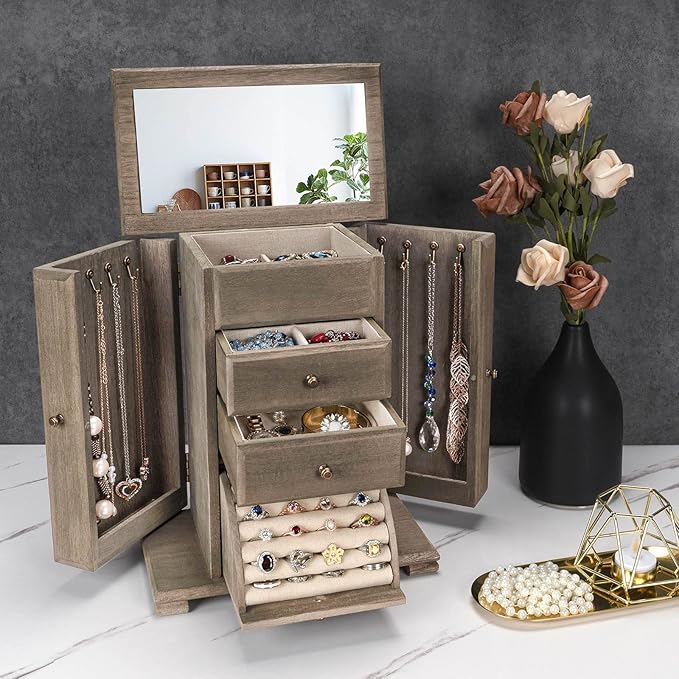 Emfogo Jewelry Box for Women, Rustic Wooden Jewelry Boxes & Organizers with Mirror, 4 Layer Jewelry Organizer Box Display for Rings Earrings Necklaces Bracelets (Weathered Gray)