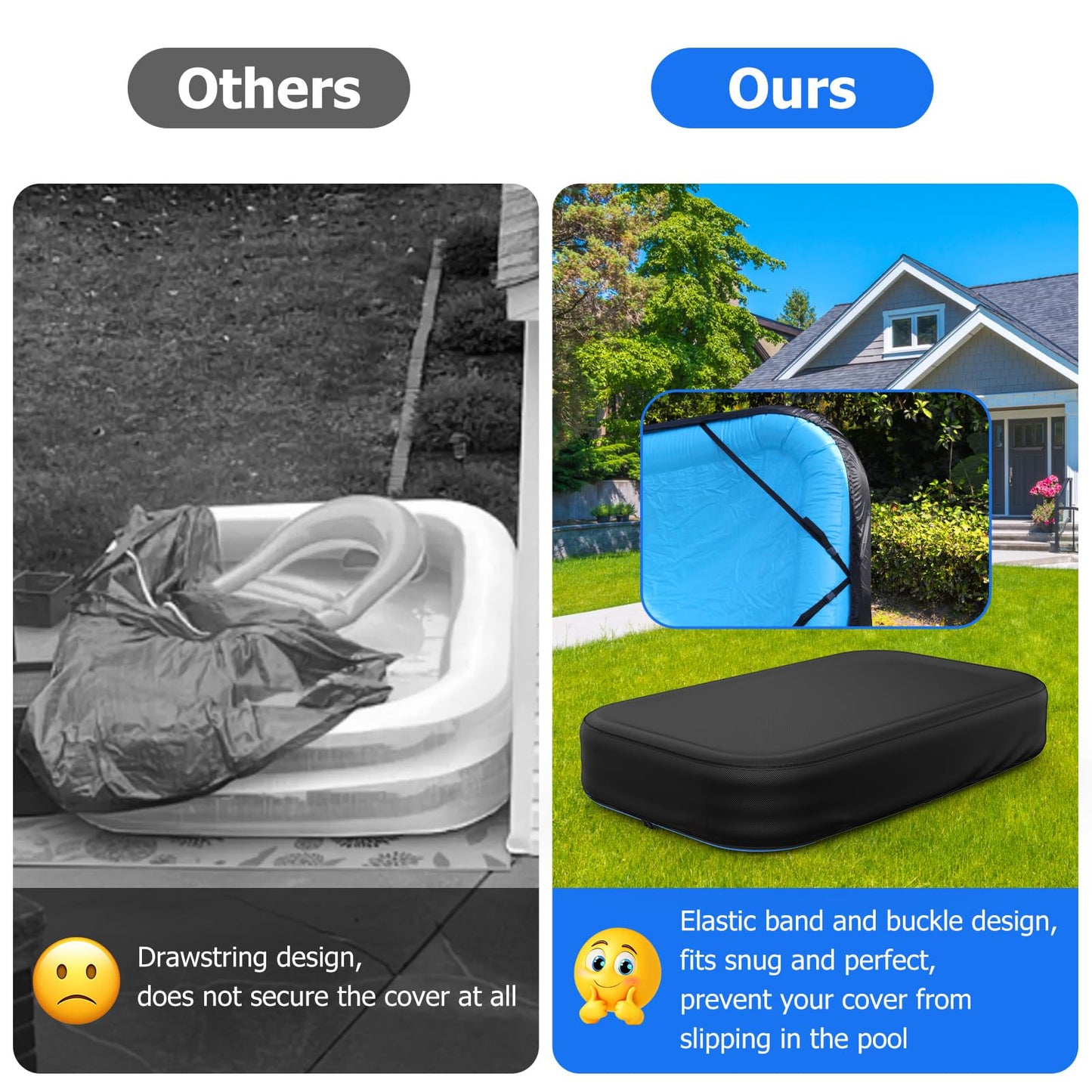 Rectangular Pool Cover for Inflatable Pool, Fits Blow Up Pool Size 90" L x 60" W, Built-in Elastic Band and Extra Buckle to Prevent Slipping, Rectangle Above Ground Swimming Pool Cover