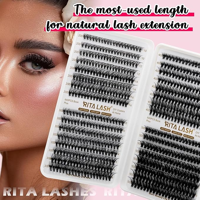 RITALASH Lash Clusters 640PCS 4 Style DIY Cluster Lashes Clusters Eyelash Extensions False Eyelashes Individual Lashes Wispy Lash Extension Natural Look(20D+30D+40D+50D Cluster Lashes,10-16mm)