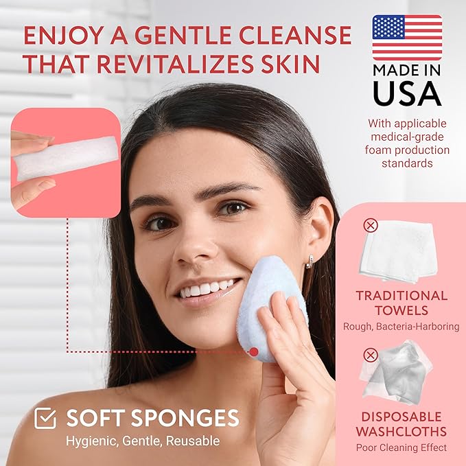 IMPRESA Facial Sponge - Daily Deep Cleansing Face Scrubber - Gentle Exfoliating Pads for Dead Skin Removal - Reusable Face Scrub Pads for Normal to Oily Skin - Pack of 10, White, Regular Puff Style