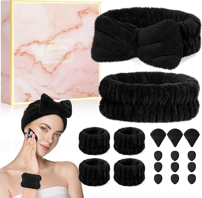 Crosize Headbands and Wristbands Set for Washing Face, Spa, Skincare, Gift for Women and Girls, with Powder Puffs, Black