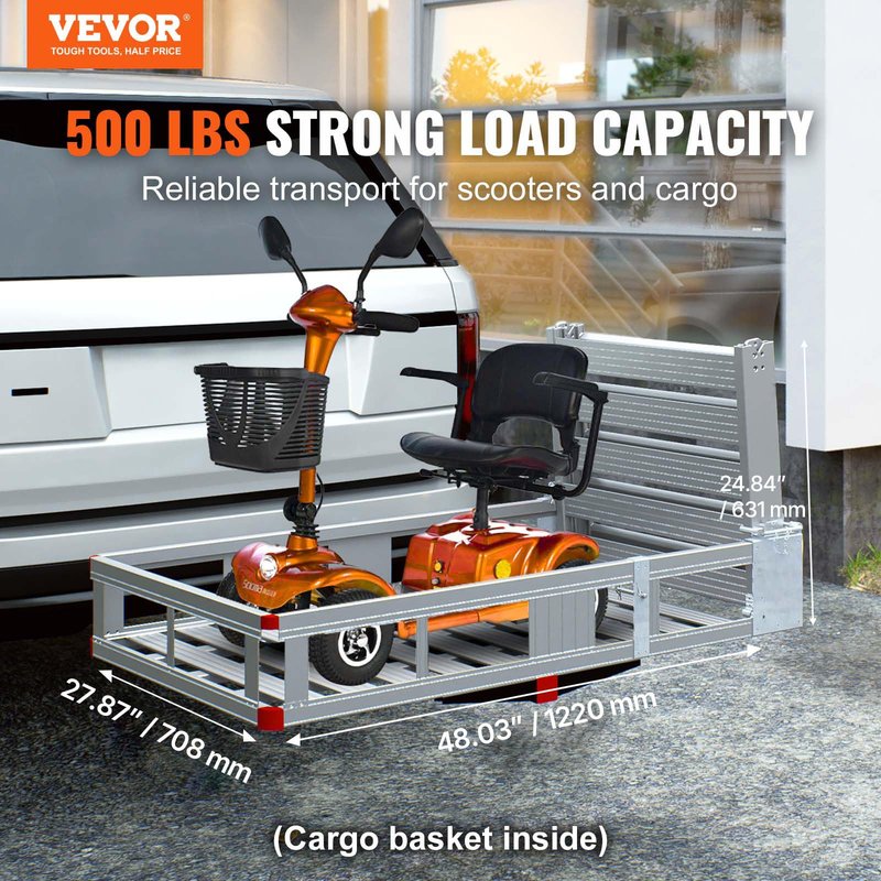 VEVOR Hitch Mount Cargo Carrier, 500LBS Mobility Scooter Carrier with Folding Ramp, Aluminum Trailer Hitch Rack Basket & Stabilizer, Strap, Fits 2" Hitch Receiver for Truck SUV Car, 48.03" x 27.87"