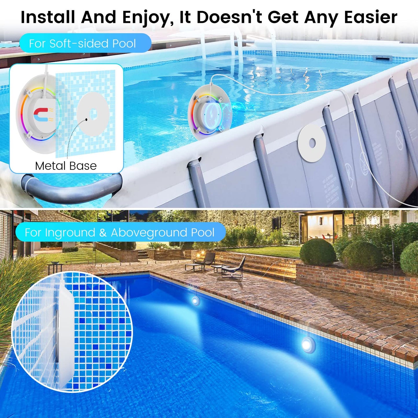 LyLmLe LED Pool Lights, 20W Smart RGB Magnetic Submersible Light with APP Control, 800lm Dimmable, IP68 Waterproof 12V Nicheless Underwater Lights for Inground Aboveground Pools