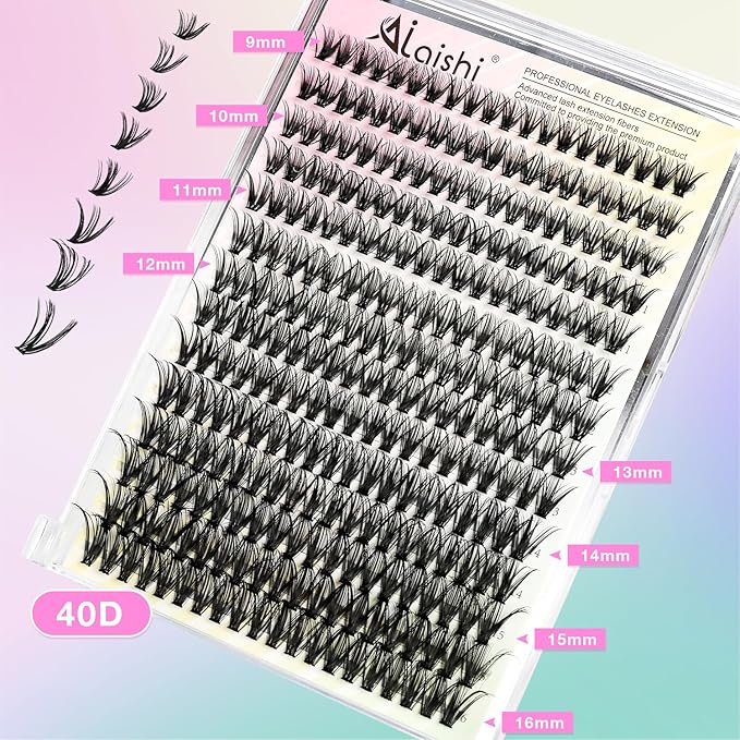 Lash Clusters DIY Cluster Eyelash Extensions 280pcs 9‑16mm 40D Fluffy D Curl Natural Volume Lashes–Waterproof Fake Cat Eye Wispy Individual Soft Clusters (16MIX2-2-X)