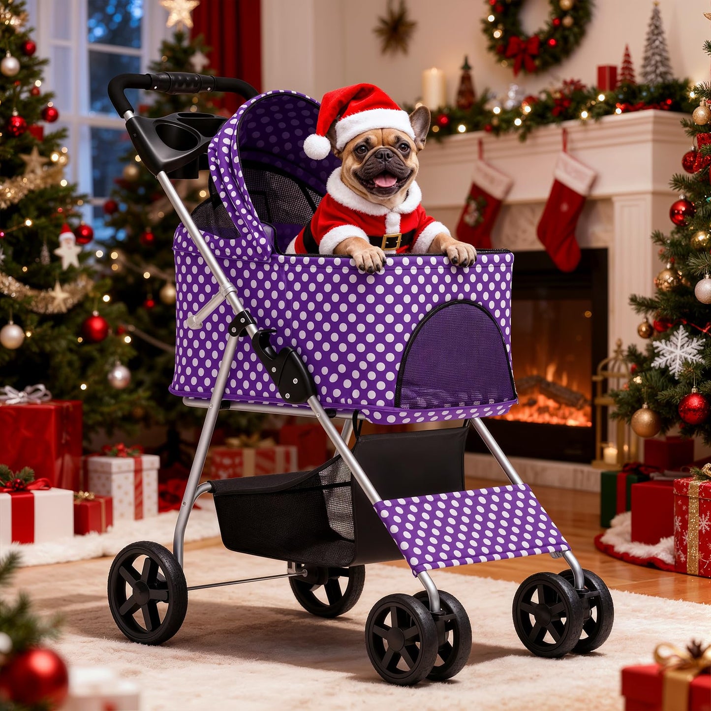 MoNiBloom 3 in 1 Foldable Pet Stroller for Small & Medium Dogs, Detachable Carrier, Car Seat, Push Button Entry, 4-Wheel Jogger for Pets up to 33 lbs, Purple Polka Dots