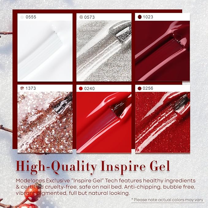 modelones Red Gel Nail Polish Set 6 Colors, 2026 Mothersday White Glitter Sparkle Bright Burgundy Dark Rose Champagne Silver Candy Cane Nail Polish Kit Soak Off Nail Art Salon DIY Gift Women