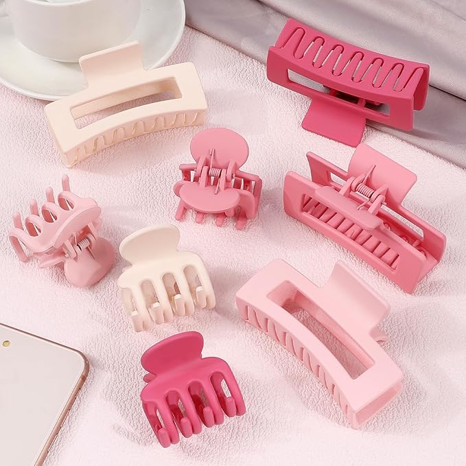 Medium Hair Clips for Women 8 Pcs Small Claw for Thin and Thick Hair 2 Styles Clips for Hair Combination Rectangle Jaw Clips Hair Accessories for Women and Girls (Pink)