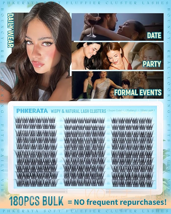 PHKERATA Wispy Lash Clusters Natural Eyelash Clusters Extensions C Curly Individual Lashes Clusters DIY Eyelash Extension with Wide Soft Thin Band,10-16MM,180Pcs