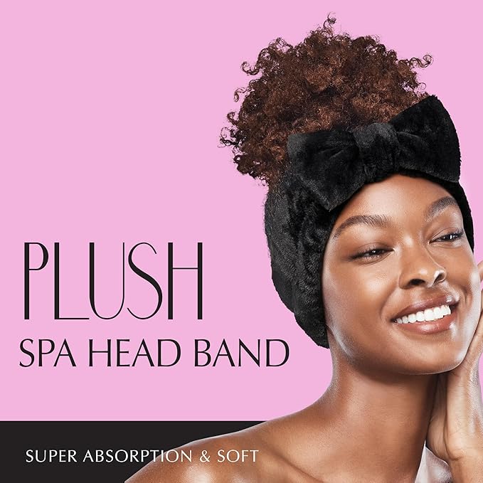 Red by Kiss Spa Headband for Washing Face Facial Makeup Bow Head Band Soft Plush Fleece Stretchy Head Wraps for Women Shower Bath Washing Face Mask (Black)