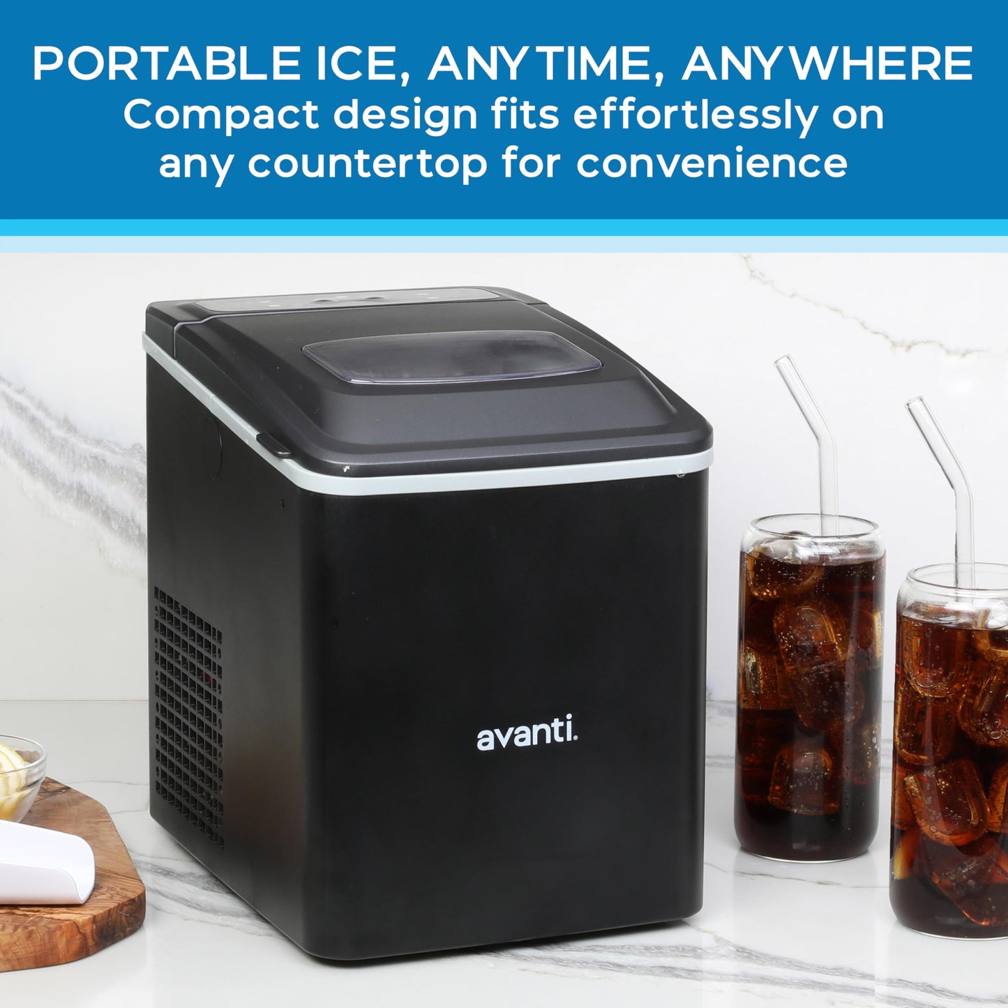 Avanti Ice Maker Mighty Ice Countertop Design Makes 26 Pounds of Bullet-Shaped Ice Cubes in 24 Hours, Digital Touch Controls and Self Cleaning Function, Includes Scoop, Black
