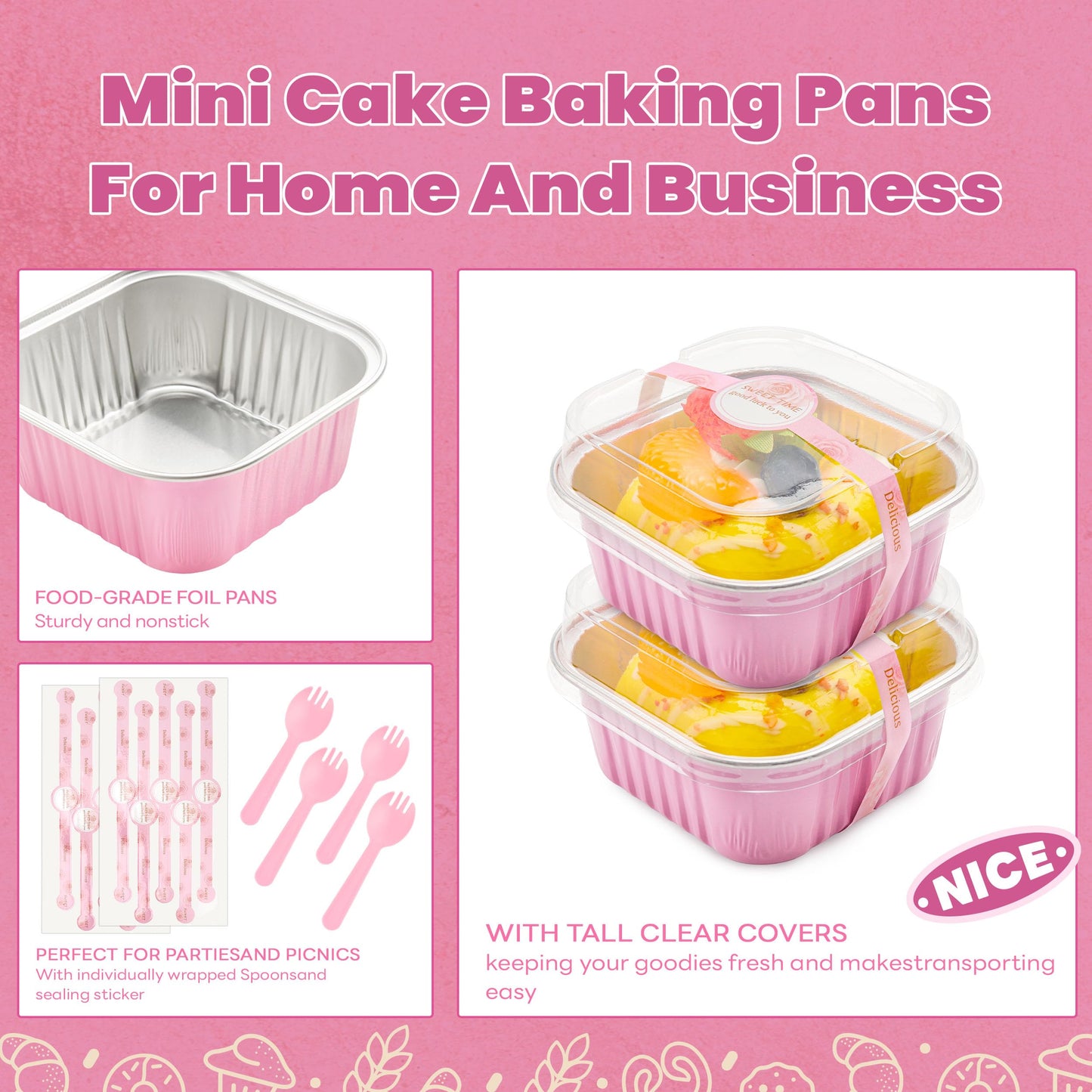 NPLUX 50 Pcs Mini Cake Pans with Lids and Spoons Aluminum Foil Mini Square Baking Cups with Lids Disposable Ramekins Cake Pans Dessert Cups for Wedding Birthday Party(Pink,5oz)