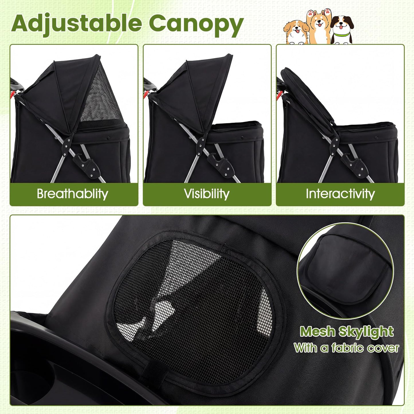 PETSITE 3-Wheel Pet Stroller, Foldable Dog Strollers for Small Dogs with Breathable Mesh, Waterproof Cover, All-Terrain Wheels, Cup Holder, and Storage Basket, Ideal for Dogs Cats up to 33 lbs (Black)