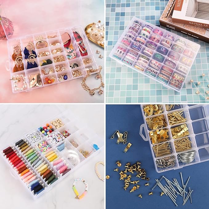 OUTUXED 36 Grids Clear Plastic Organizer Box with Adjustable Compartment Dividers Rock Collection Box for Bead, Nails, Jewelry, Art, DIY Crafts, Fishing Tackle, Small Items Organizers and Storage