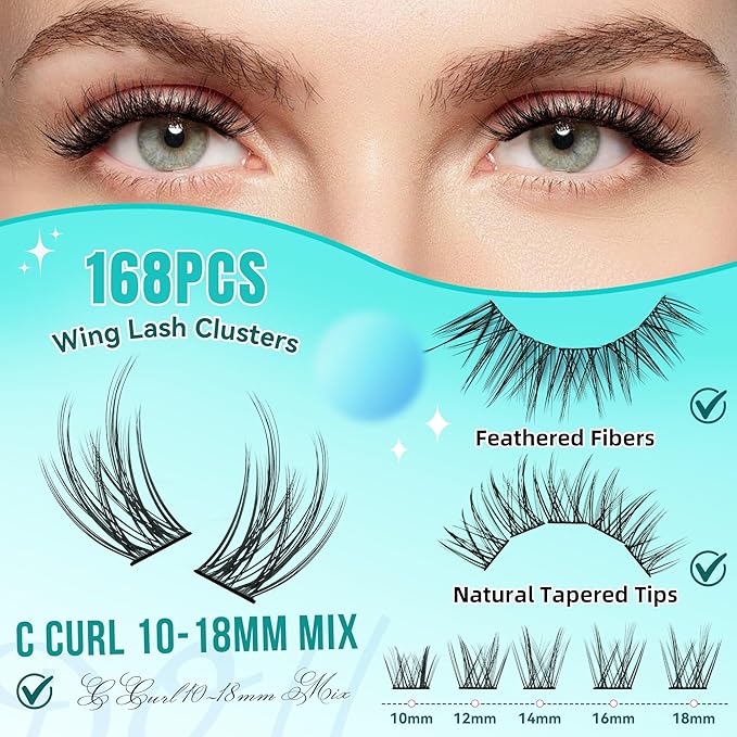 Manga Lash Clusters Kit 168pcs C Curl Fairy Eyelash Extension Individual Lashes Bond and Seal Waterproof,Eyelashes Glue Remover,Lash Applicator for Volume Anime Lashes Cluster(Wing,C-10-18mm Kit)