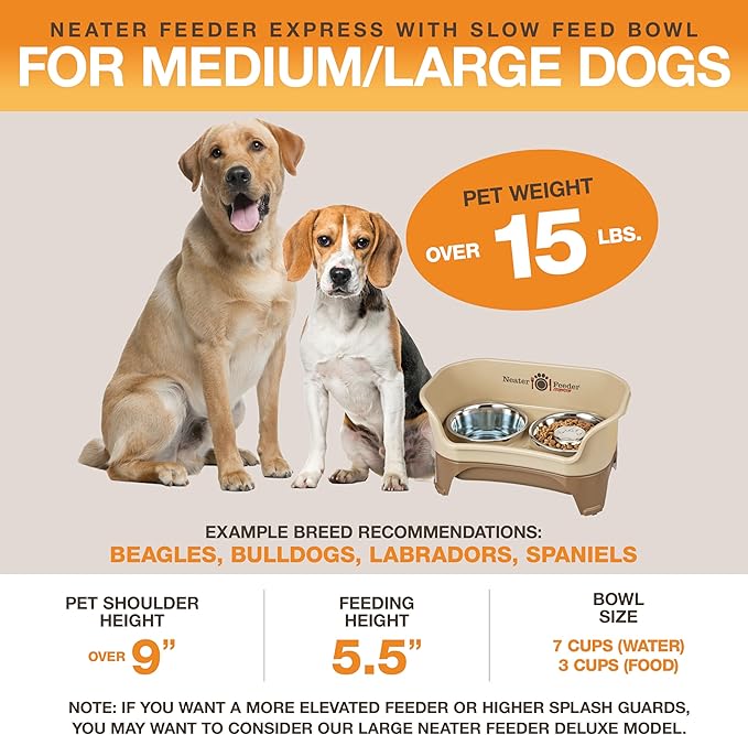 Neater Feeder - Express Model w/Slow Feed Bowl - Mess-Proof Dog Bowls (M/L, Cappuccino) Made in USA –Elevated, No Spill, Non-Tip, Non-Slip, Raised Stainless Steel Food/Water Pet Bowls Aid Digestion